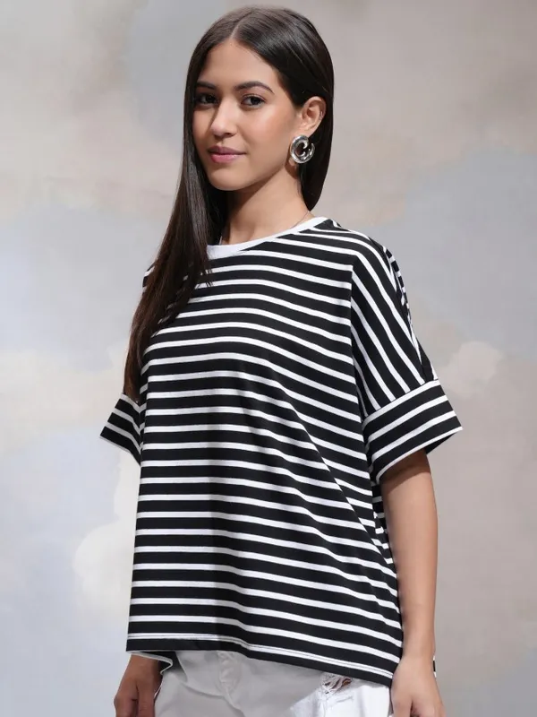 Tokyo Talkies Women Black Striped Round Neck T-Shirt