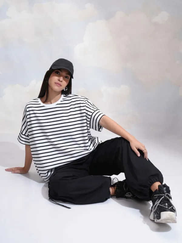 Tokyo Talkies Women White Striped Round Neck T-Shirt