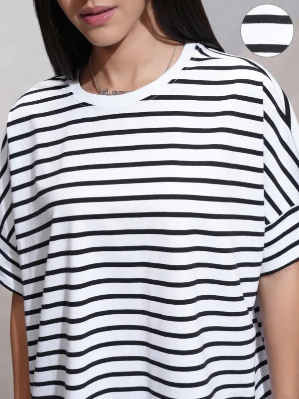 Tokyo Talkies Women White Striped Round Neck T-Shirt