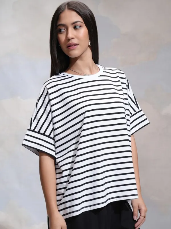 Tokyo Talkies Women White Striped Round Neck T-Shirt