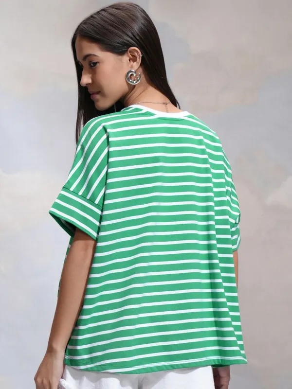 Tokyo Talkies Women Green Striped Round Neck T-Shirt