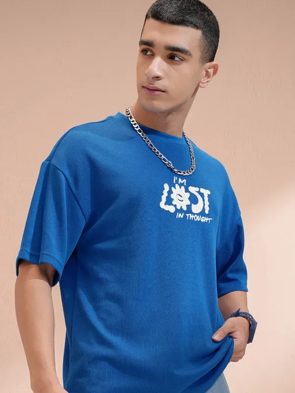 Highlander Men Blue Round Neck Printed Oversized Fit T-Shirt