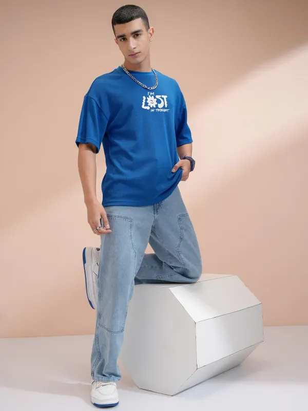 Highlander Men Blue Round Neck Printed Oversized Fit T-Shirt