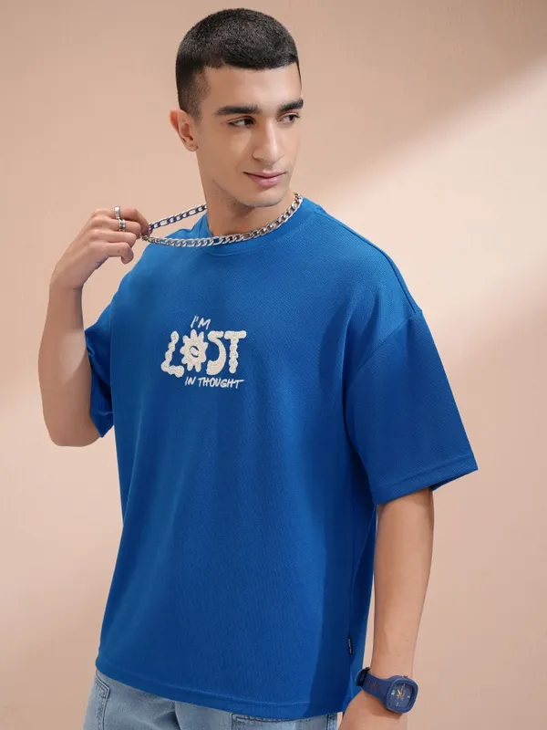 Highlander Men Blue Round Neck Printed Oversized Fit T-Shirt