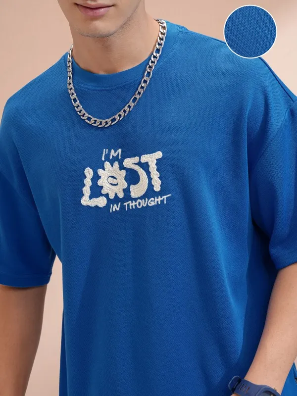 Highlander Men Blue Round Neck Printed Oversized Fit T-Shirt
