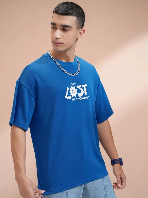 Highlander Men Blue Round Neck Printed Oversized Fit T-Shirt