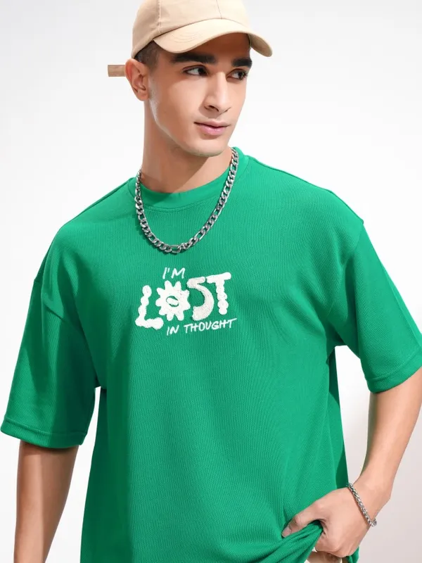 Highlander Men Green Embroidered Round Neck Oversized Fit T-Shirt