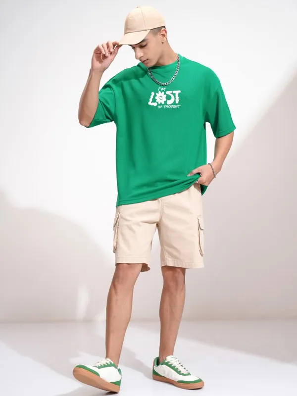 Highlander Men Green Embroidered Round Neck Oversized Fit T-Shirt