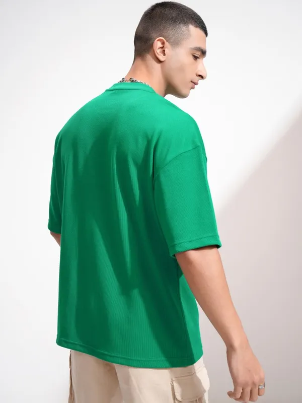 Highlander Men Green Embroidered Round Neck Oversized Fit T-Shirt
