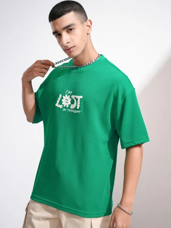 Highlander Men Green Embroidered Round Neck Oversized Fit T-Shirt