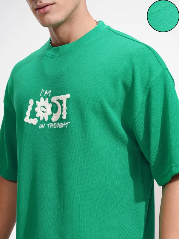 Highlander Men Green Embroidered Round Neck Oversized Fit T-Shirt