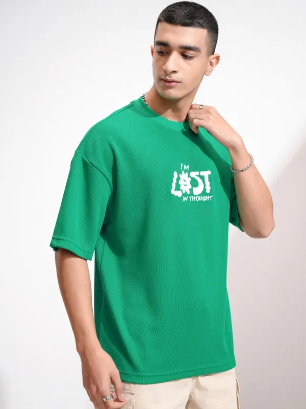 Highlander Men Green Embroidered Round Neck Oversized Fit T-Shirt