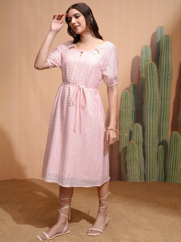Tokyo Talkies Women Pink Self Design A-Line Dress