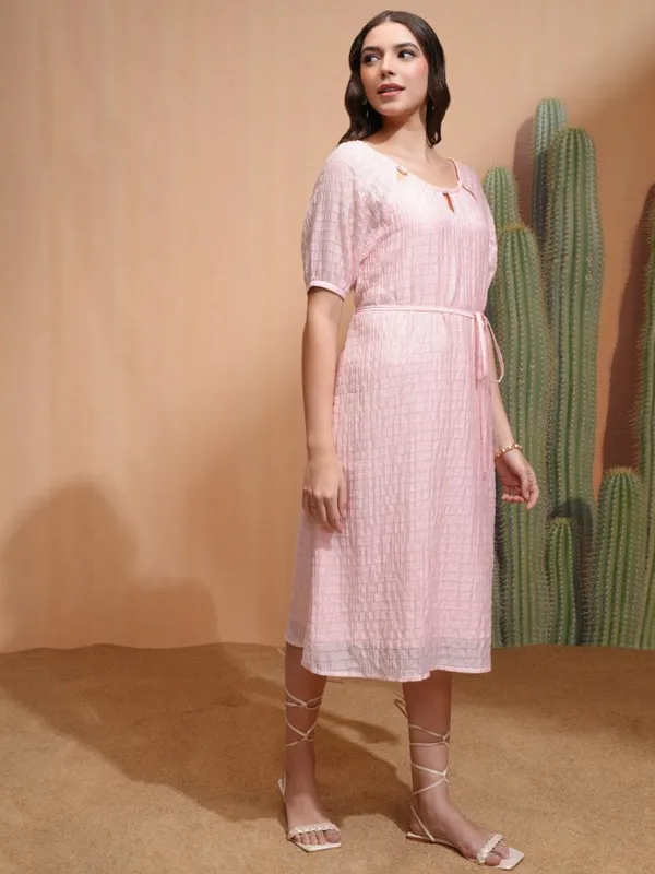 Tokyo Talkies Women Pink Self Design A-Line Dress