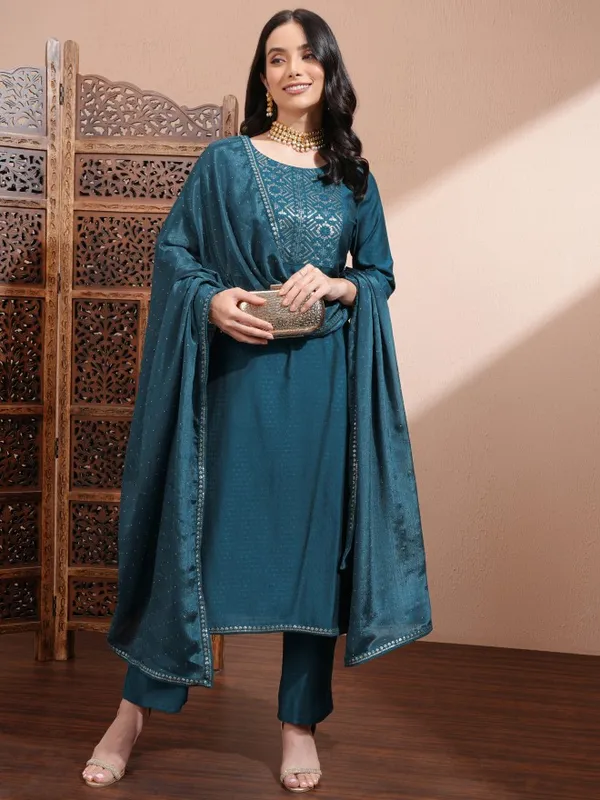 Vishudh Women Teal Embroidered Kurta With Trousers And Dupatta