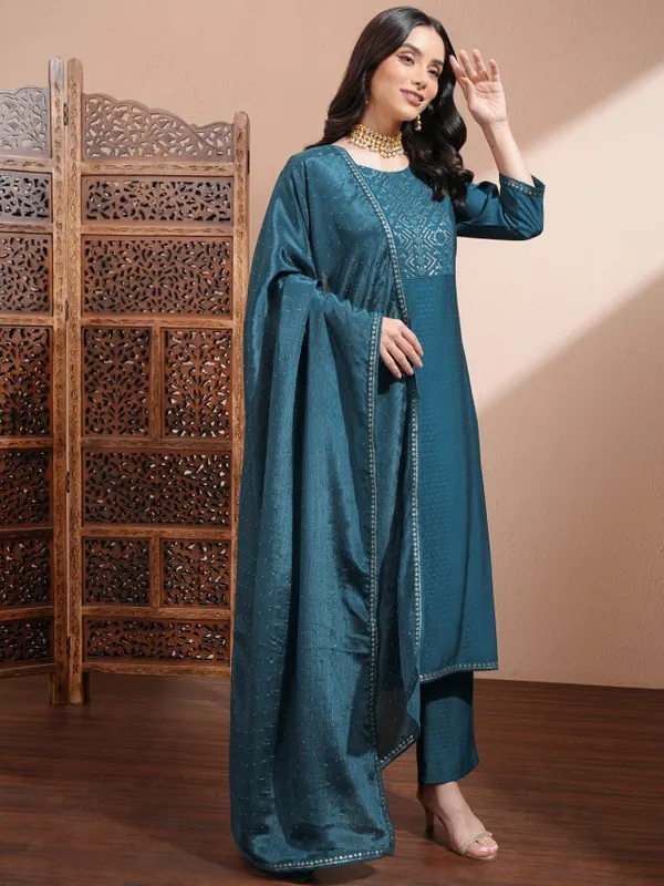 Vishudh Women Teal Embroidered Kurta With Trousers And Dupatta