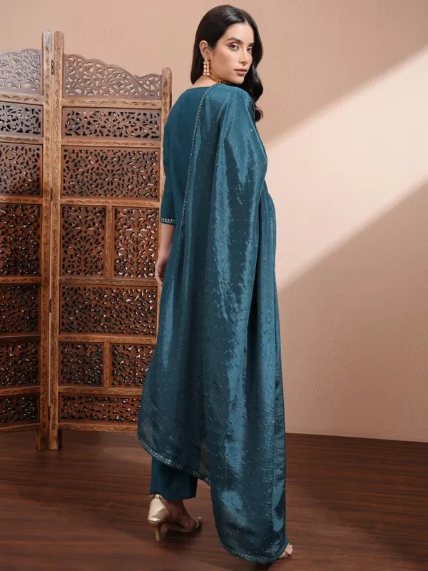 Vishudh Women Teal Embroidered Kurta With Trousers And Dupatta