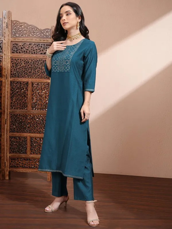 Vishudh Women Teal Embroidered Kurta With Trousers And Dupatta