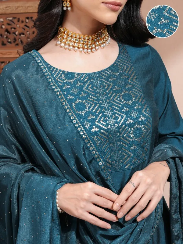 Vishudh Women Teal Embroidered Kurta With Trousers And Dupatta
