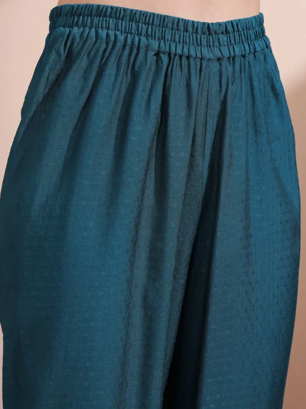 Vishudh Women Teal Embroidered Kurta With Trousers And Dupatta