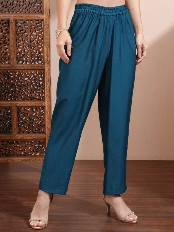 Vishudh Women Teal Embroidered Kurta With Trousers And Dupatta