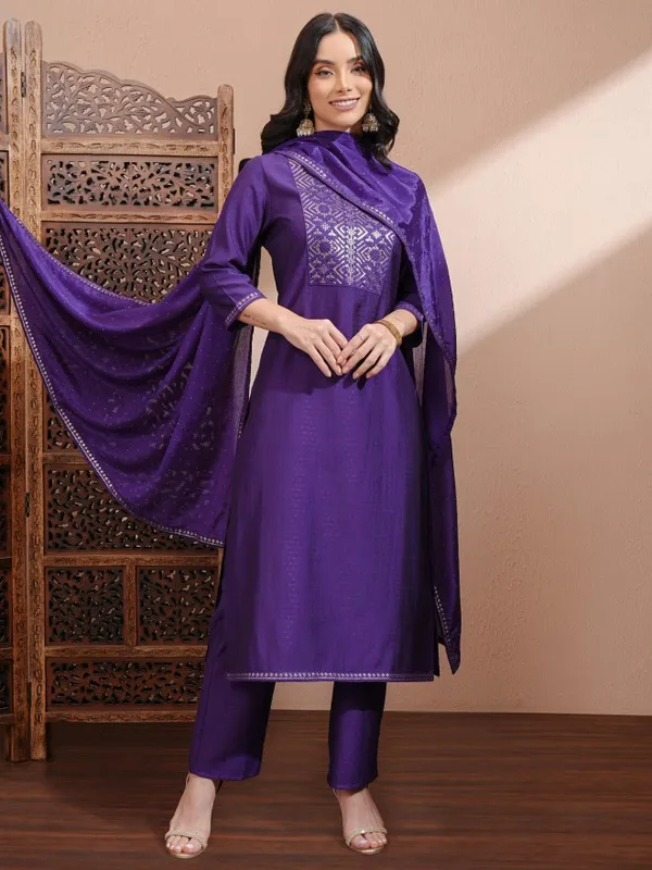Vishudh Women Purple Embroidered Kurta With Trousers And Dupatta