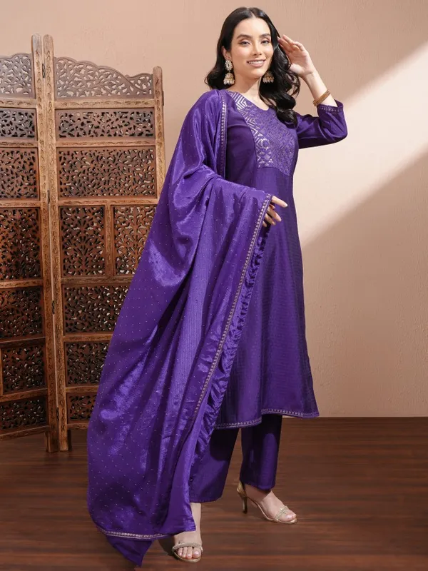 Vishudh Women Purple Embroidered Kurta With Trousers And Dupatta