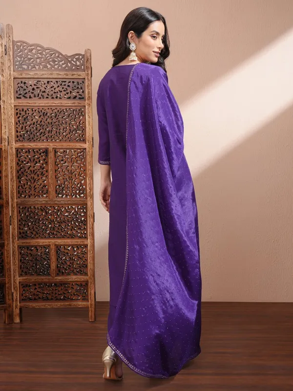 Vishudh Women Purple Embroidered Kurta With Trousers And Dupatta