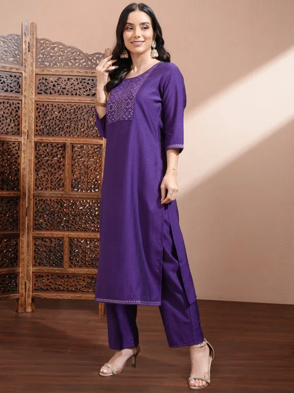 Vishudh Women Purple Embroidered Kurta With Trousers And Dupatta
