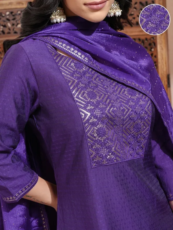 Vishudh Women Purple Embroidered Kurta With Trousers And Dupatta