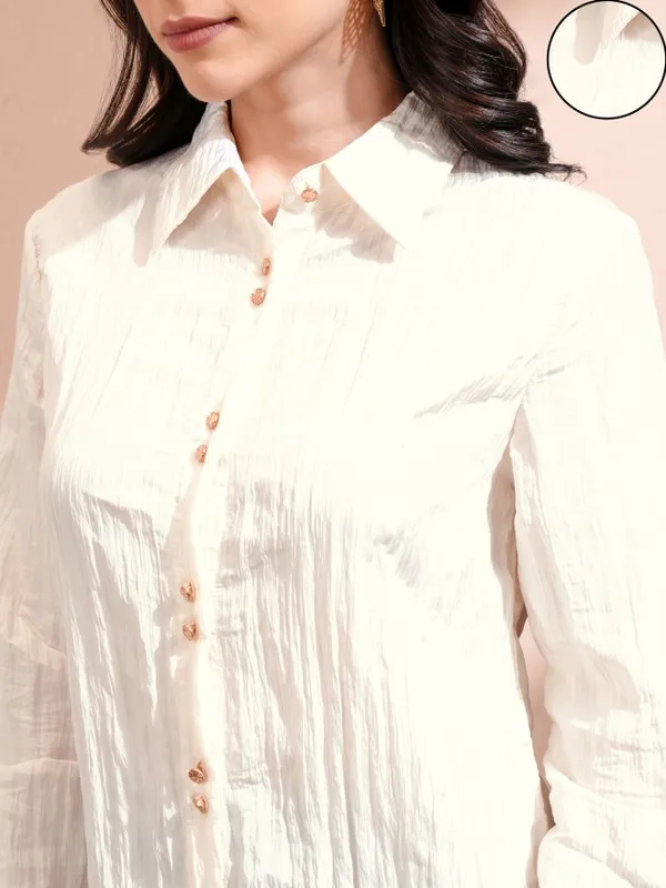 Tokyo Talkies Women Off White Self Design Casual Shirt