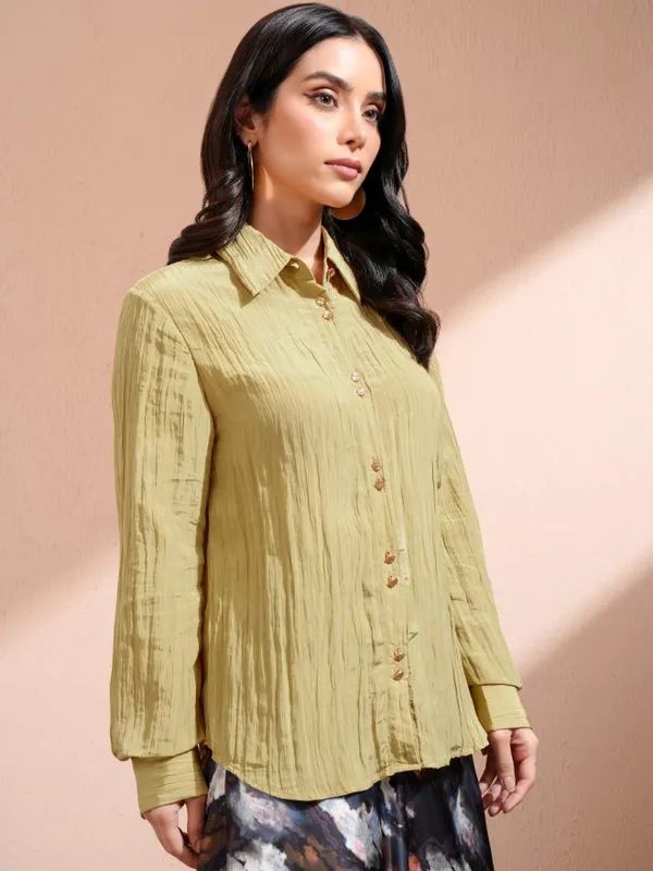 Tokyo Talkies Women Khaki Self Design Casual Shirt