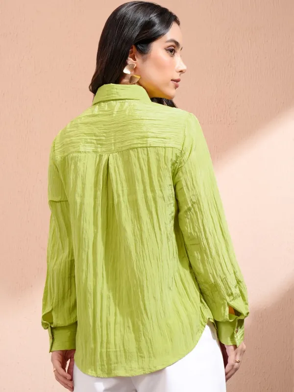 Tokyo Talkies Women Green Self Design Casual Shirt