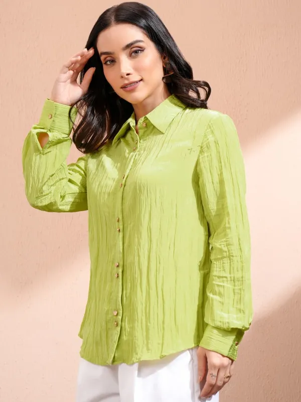 Tokyo Talkies Women Green Self Design Casual Shirt