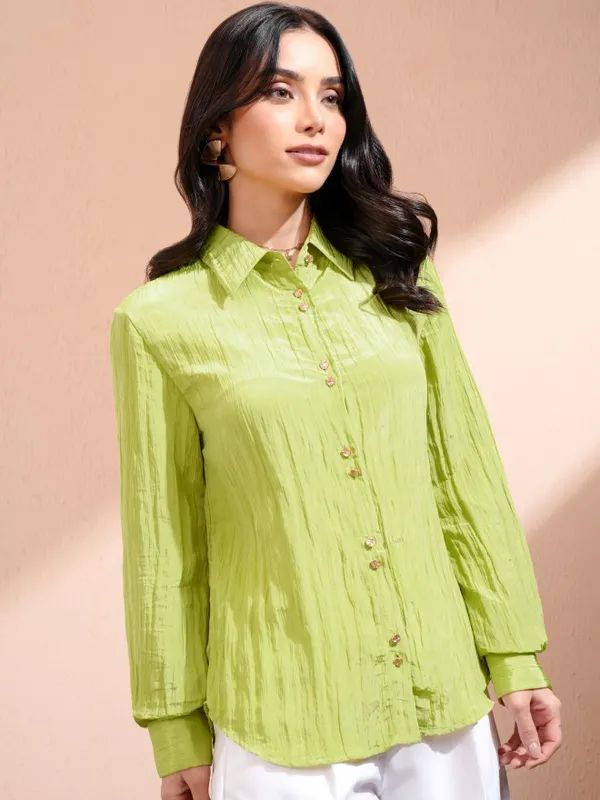 Tokyo Talkies Women Green Self Design Casual Shirt