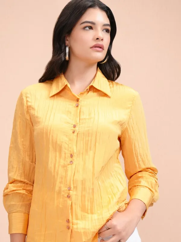 Tokyo Talkies Women Yellow Self Design Casual Shirt