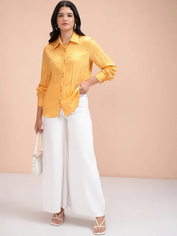Tokyo Talkies Women Yellow Self Design Casual Shirt