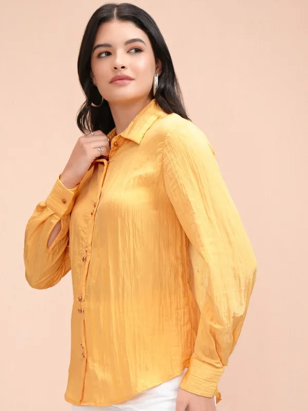 Tokyo Talkies Women Yellow Self Design Casual Shirt
