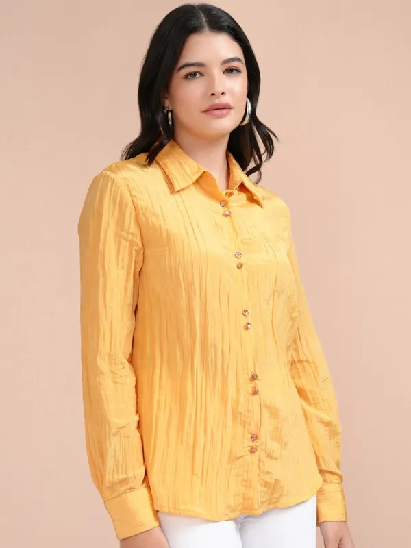 Tokyo Talkies Women Yellow Self Design Casual Shirt