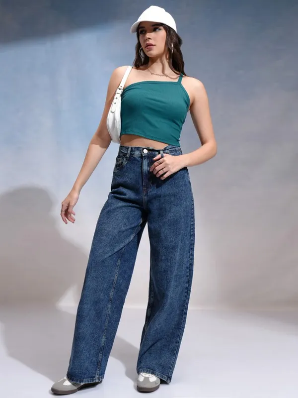 Tokyo Talkies Women Teal Solid Fitted Top