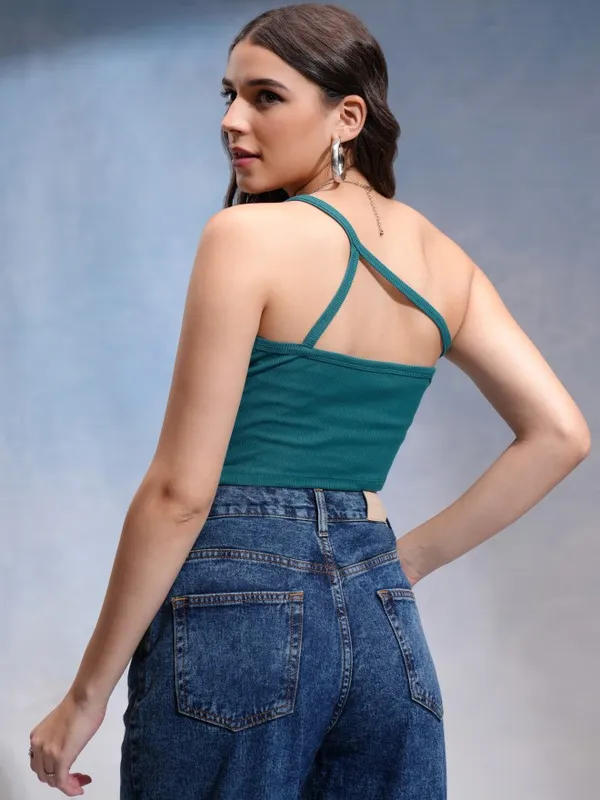 Tokyo Talkies Women Teal Solid Fitted Top