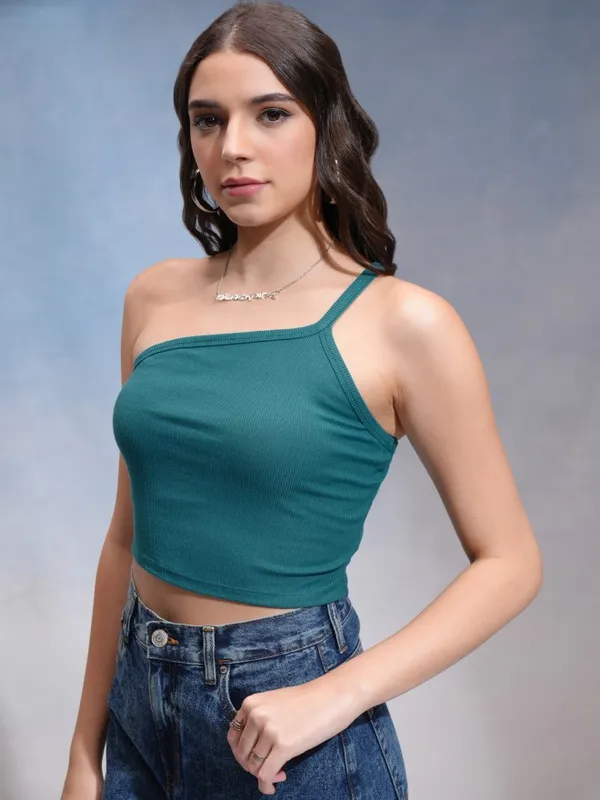 Tokyo Talkies Women Teal Solid Fitted Top