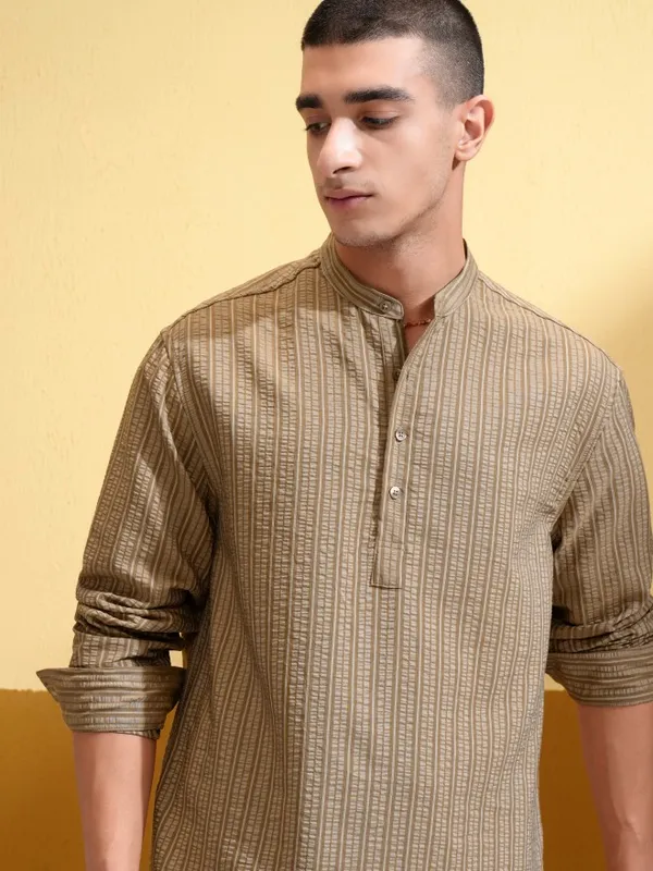 Highlander Men Khaki Striped Relaxed Fit Casual Shirt
