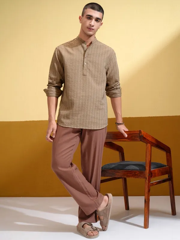 Highlander Men Khaki Striped Relaxed Fit Casual Shirt