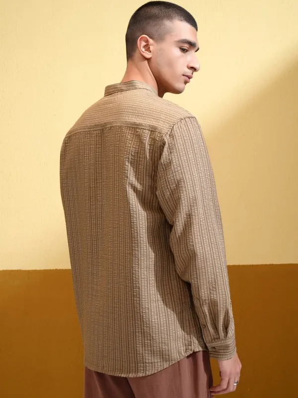 Highlander Men Khaki Striped Relaxed Fit Casual Shirt