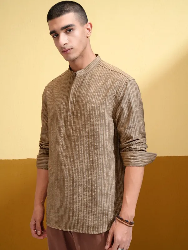 Highlander Men Khaki Striped Relaxed Fit Casual Shirt
