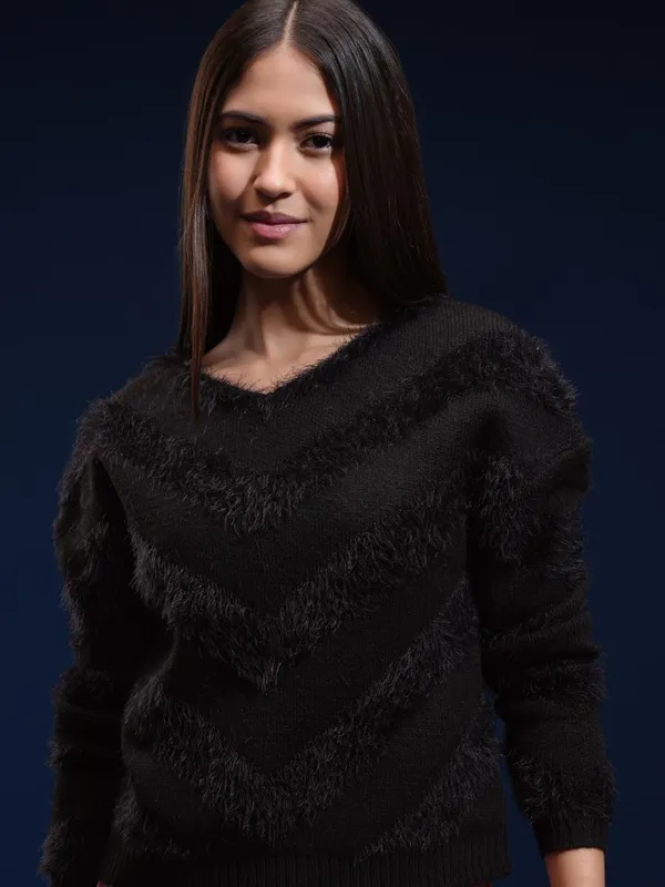 Tokyo Talkies Women Black Round Neck Sweater