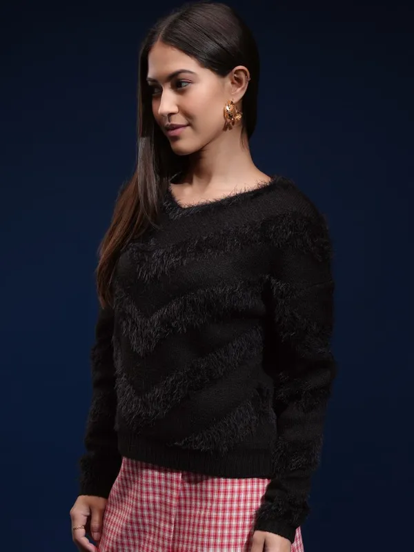 Tokyo Talkies Women Black Round Neck Sweater