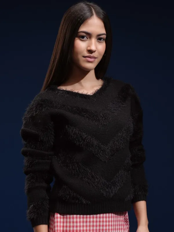 Tokyo Talkies Women Black Round Neck Sweater