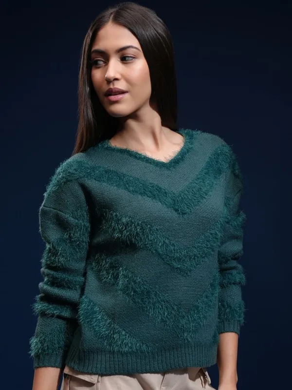 Tokyo Talkies Women Green Round Neck Sweater